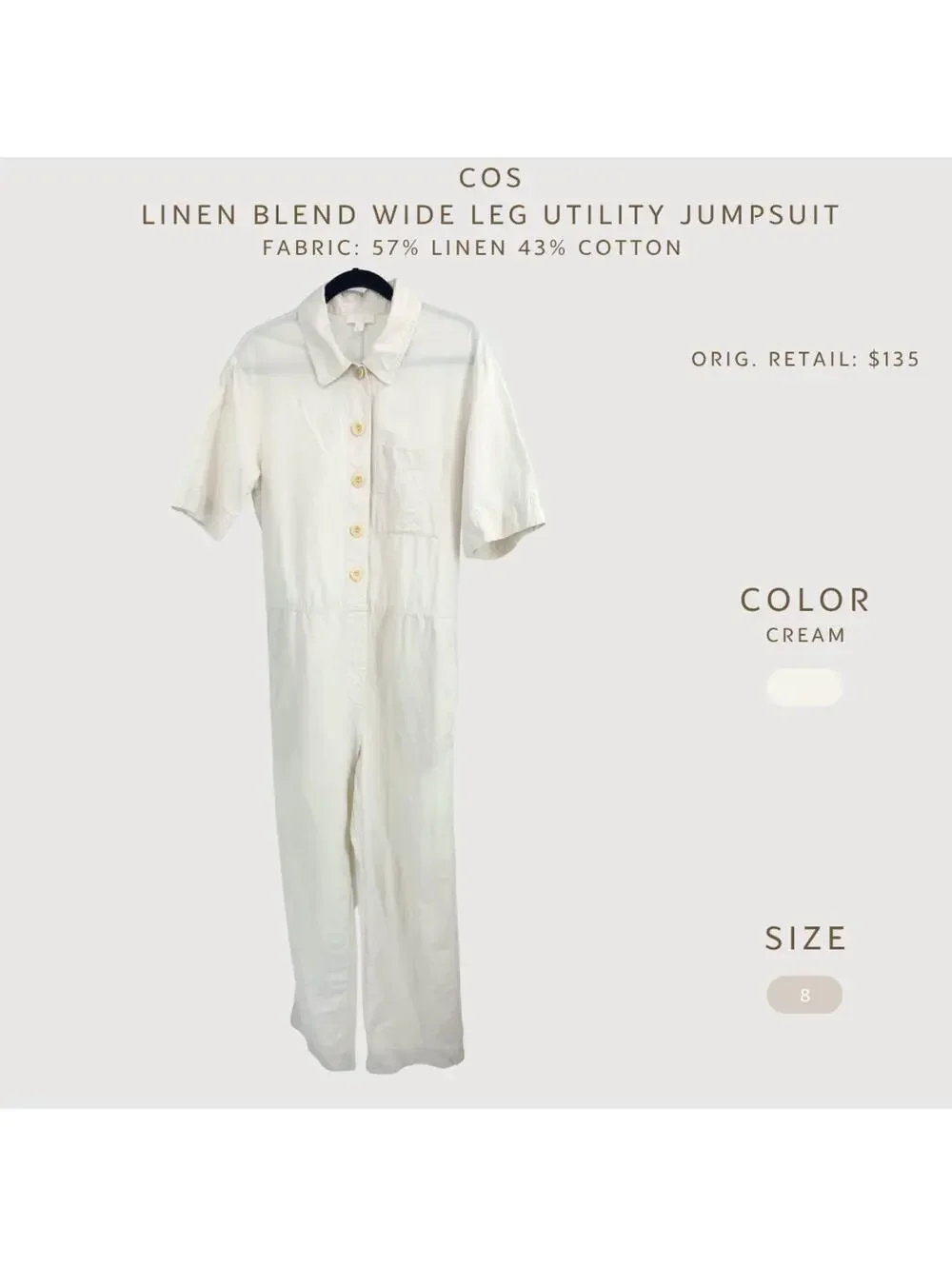 COS Linen Blend Wide Leg Utility Jumpsuit Cream 8